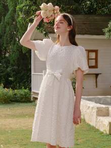 Holiday,Summer,TravelTeen Girl White Puff Sleeve A-Line Dress, Round Neck Short Sleeve Flared Long Dress, Elegant Casual Holiday Wear, Girls' Delicate Clothing, Suitable For Wedding Season, Floral & Decorative Design, No Traditional Patterns