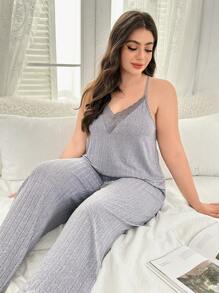 Ensemble pyjama jogging en tricot avec patchwork de dentelle, grande taille