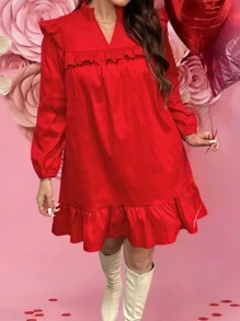 SHEIN LUNE Valentijnsdag rode jurk met ruches in grote maten, lente, Valentijnsdag, Valentijnscadeaus, Valentijnsoutfit, San Valentin, Mardi Gras, Mardi Gras-outfit, Chinese Nieuwjaarsoutfit/CNY-jurk, outfits voor leraren voor vrouwen, zwangerschapsjurk voor fotoshoot, festival zomer boho oud geld