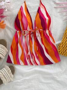 Soleia Women V-Neck Tie Front A-Line Vacation Top With Orange And Magenta Striped Pattern,Western Wear Women,Festival,Boho,Hippie,Cowgirl Outfit,Old Money ,Bohemian