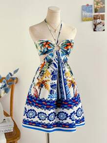 Soleia Vestido mini de mujer escote halter sin espalda, informal para vacaciones