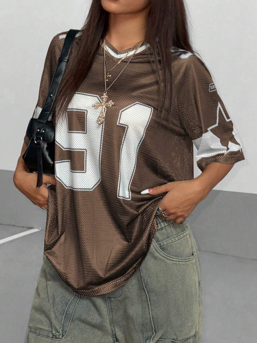 Flirla Women's Numeric Print Short Sleeve Mesh Colorblock Loose Fit Sports T-Shirt, Spring/Summer Graphic Tees Women Tops.Summer Outfits For Women