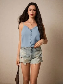SHEIN Frenchy Women's Solid Color Slim Strap Ruched Simple Spaghetti Strap Camisole, Casual Vacation