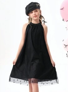 SHEIN Explorewe Tween Girls Butterfly Pattern Bow Lace A-Line Dress - Black - View 3
