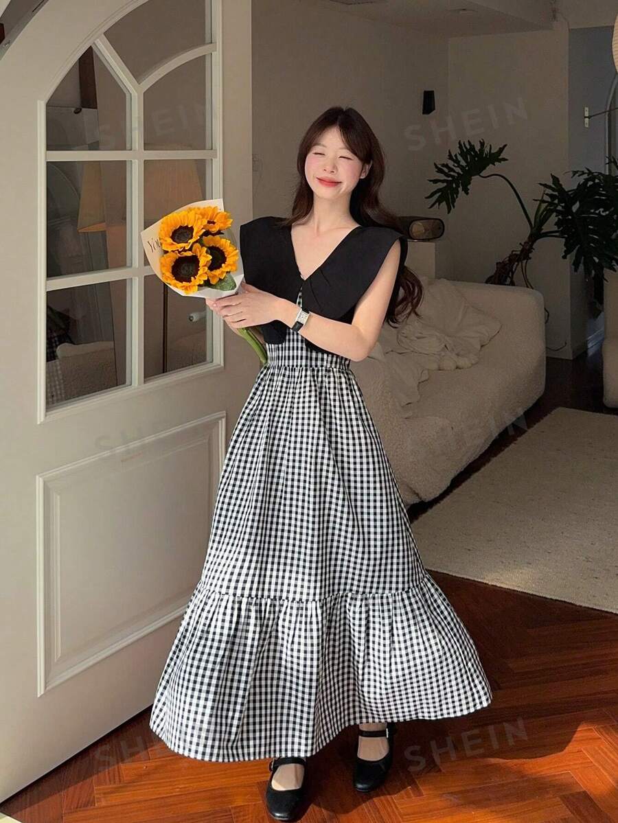 DAZY Rochie fără mâneci în carouri, cu model patchwork, blocuri de culori, rochii casual pentru femei, toamnă, iarnă - Negru - Vizualizare 1