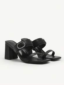 CUCCOO CHICEST Women Rhinestone Buckle Strap Square Toe 8cm Thick Heel Sandals - Black - View 3