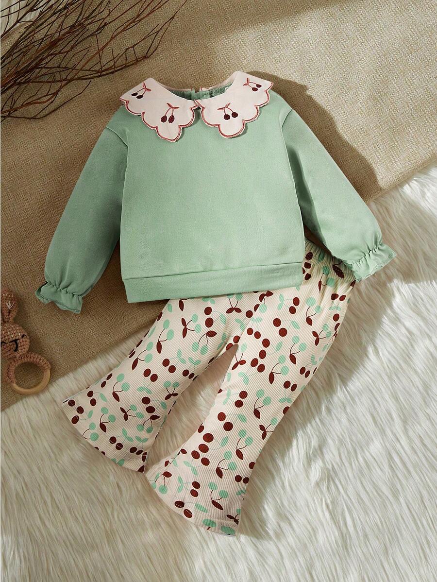 SHEIN Baby Girl Embroidered Ruffle Collar Long Sleeve Top & Digital Print Flare Pants 2 Pieces Outfit Set, Comfortable Fashionable Cute For Autumn/Winter