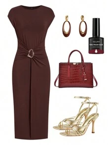 Ellevyn Women's Elegant Metal Button Decoration Twist Waist Long Sleeve Dress For Work And Daily Wear Women's Summer Clothing Ladies Dress Elegant Carnival Summer Women's Dress, Summer Dress Spring Wear Solid Black