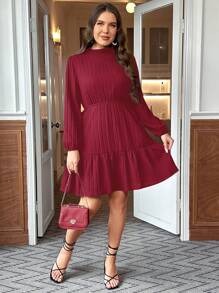 SHEIN Clasi Plus Size Women Solid Color Frill Collar Long Sleeve Pleated Dress - Burgundy - View 3