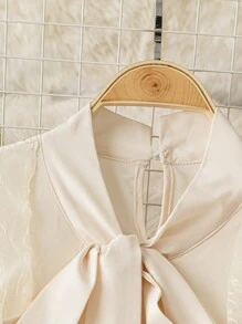 Calvaya Elegant Bowknot Lace Trim Slim Fit Long Sleeve Blouse