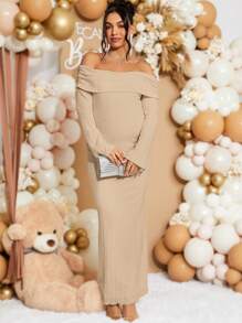 Loomaby Off Shoulder Knitted Elegant Maternity Maxi Dress - Khaki - View 4