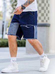 Manfinity Homme Men's Color Block Frayed Hem Denim Shorts Tropical Hang Out Street - Dark Wash - View 3