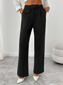 EURMUSE Women's Solid Button Detailed Suit Pants - Black - View 3