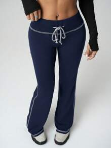 SHEIN ICON 女式 Y2k 低腰拼色抽绳休闲运动裤，简约时尚，适合日常穿着 - 藏蓝色 - 查看 1