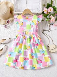 Vestido con estampado floral, cuello redondo y manga corta para niñas jóvenes y lindas