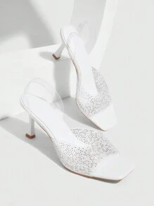CUCCOO SZL Women's Square Toe Transparent PVC Pearl Rhinestone Stilettos High Heel Slide Sandals - White - View 6