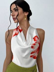 Firerie Blusa elegante, romántica y fashionable para el día a día, adecuada para fiesta, vacaciones, citas románticas y atuendo de boda, cumpleaños, Día de San Valentín - Blusa naranja con estampado floral, tipo halter y tirantes