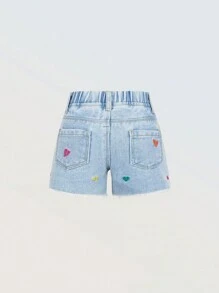 Denimly Baby Girl Stylish Casual Cute Colorful Heart Embroidery Denim Elasticated Waist Shorts With Frayed Hem - Light Wash - View 3