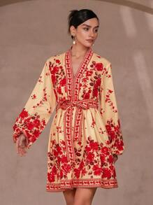 Femmeiva 花卉印花长袖女式连衣裙，腰部收紧，女士度假服装 - 彩色 - 查看 3