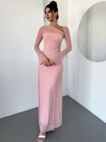 SHEIN Privé Vestido largo de manga larga asimétrico de hombro con malla color rosa pálido, vestido plisado extra largo, vestido rosa, vestido para el Día de San Valentín