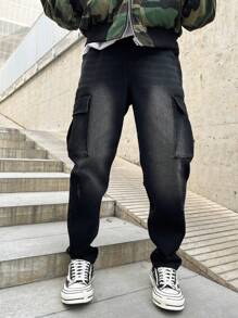 Manfinity Hypemode Men's Casual Washed Tapered Cargo Jeans - Black - View 5