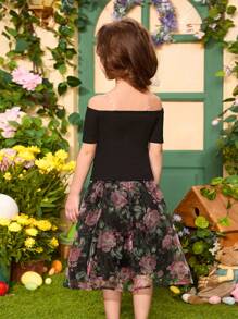 Young Girls 2pcs Knitted Solid Color Off Shoulder Top And Woven Ditsy Floral Skirt Set, Young Girl