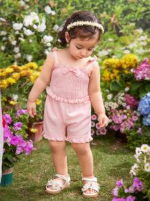 Fern Glow 女婴可爱粉色蝴蝶结细肩带连体衣，适合夏季度假穿着 - 粉色 - 查看 3