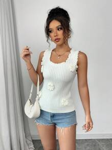 Chiquease Women Solid Color 3D Floral Decor Sleeveless Knit Top
