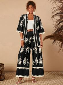 Travachic 2 件套女士波西米亚花卉印花宽松夏季假日上衣和短裤套装