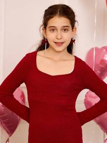 SHEIN Tween Girls French Collar Knitted Ribbed Dress,Burgundy Red Autumn Elegant Wedding Guest Long Sleeve Snug Fit Mini Dresses,Matching Family Style - Burgundy - View 4
