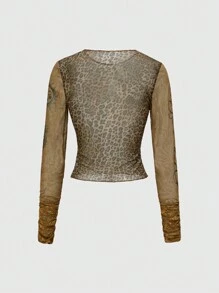 ROMWE J-Fashion Y2K Vintage Madonna Graphic & Leopard Print Sheer Tight Sexy Women Top