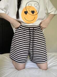 DAZY 2件套女士笑脸条纹宽松短裤和短袖睡衣套装睡衣 - 白色 - 查看 8