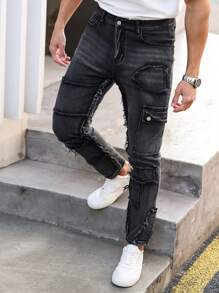 Manfinity Homme Men's Front Button Pocket Frayed Hem Casual Jeans - Black - View 1