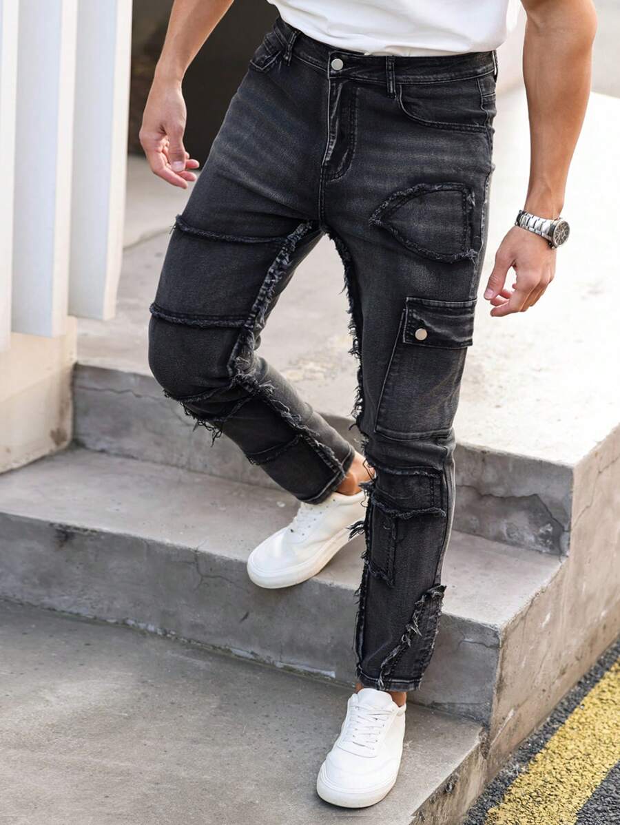 Manfinity Homme Men's Front Button Pocket Frayed Hem Casual Jeans - Black - View 1