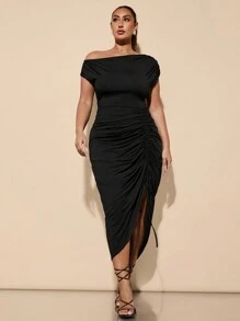 SHEIN BAE 大码女式黑色不对称领口抽绳系带开衩连衣裙，简约基本款褶饰休闲长裙，女士生日礼服 - 黑色 - 查看 3