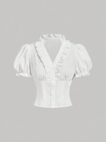 SHEIN MOD V 领荷叶边拼布泡泡袖收腰衬衫，女士夏季服装，趣味衬衫，优雅女士衬衫，白色女士衬衫 - 白色 - 查看 1