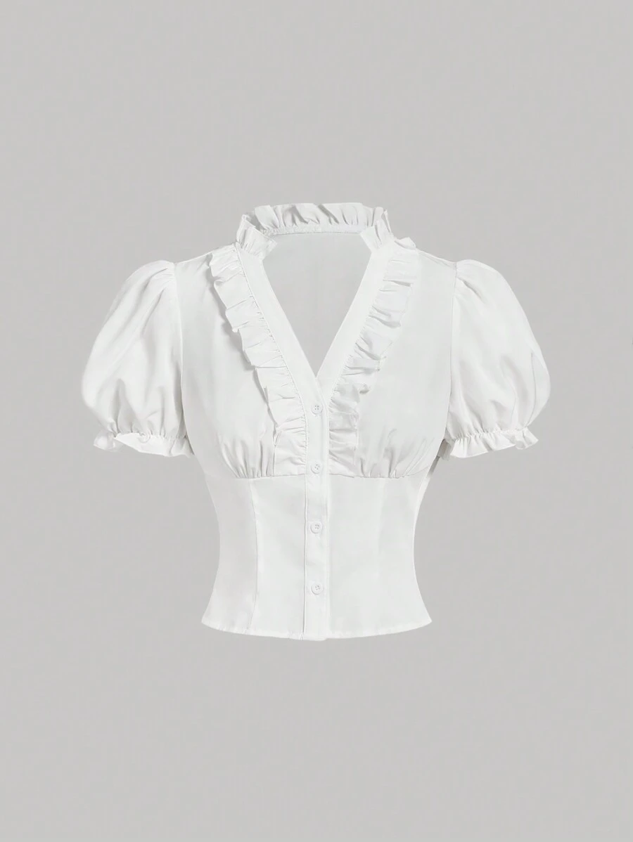 SHEIN MOD V 领荷叶边拼布泡泡袖收腰衬衫，女士夏季服装，趣味衬衫，优雅女士衬衫，白色女士衬衫 - 白色 - 查看 1