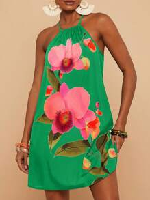 Travachic Women's Floral Print Casual Loose Halter Neck Vacation Dress - Green - View 5