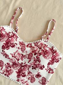 SHEIN VCAY Top corto ajustado de punto con estampado floral retro para mujer, ideal para vacaciones de verano y primavera, de uso casual