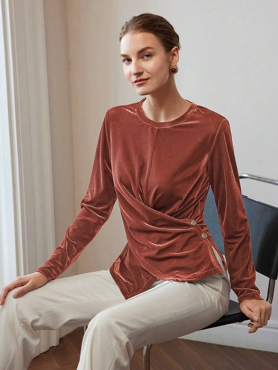 天鹅绒褶饰纽扣 T 恤 - 藕粉色 - 查看 1