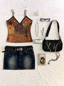 SHEIN EZwear Summer Rave Festival Graphic Printed Mesh Cami Top - Coffee Brown - View 4