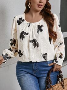 SHEIN LUNE Plus Size Women's Elegant Jacquard Long Sleeve Blouse, Suitable For Valentine's Day, Spring/Summer
