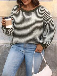 SHEIN LUNE 大码女式露肩横条纹单肩套头衫商务休闲女士、度假装、乡村上衣