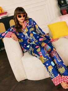 Chillnights Conjunto de pijama de mujer con estampado de leopardo y contraste de color