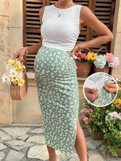 SHEIN 2 件孕妇套装：纯色刺绣背心和可调节腰部雏菊印花中长裙