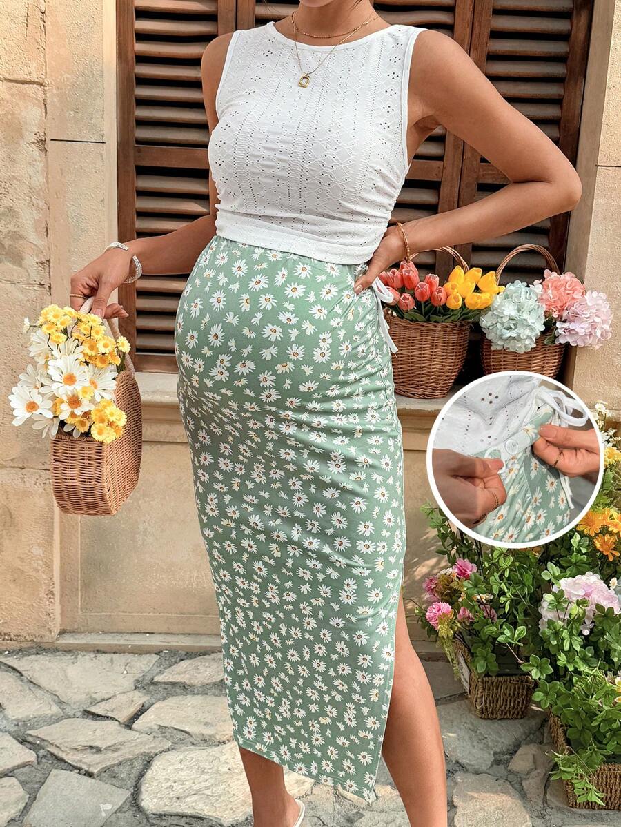 SHEIN 2 件孕妇套装：纯色刺绣背心和可调节腰部雏菊印花中长裙