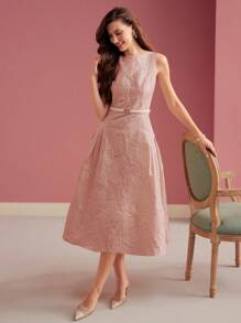 MOTF PREMIUM 提花修身喇叭连衣裙 - 粉色 - 查看 4