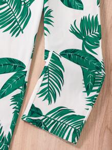 SHEIN 青少年女孩优雅热带植物印花拼接无袖连体裤，适合暑假、度假、夏季、旅行 - 墨綠色 - 查看 4