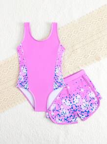 Young Girl Geometric Print Tankini Swimsuit With Beach Shorts - Hot Pink - View 6