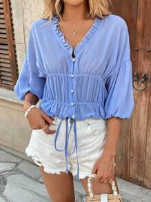 Breezaya Damen V-Ausschnitt Rüschen Chiffon Puffärmel Bluse, Frühling/Sommer - Blau - Übersicht 3